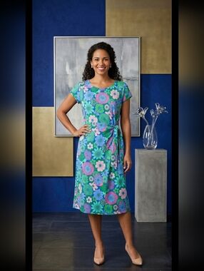 Talbots Vibrant Floral Midi Dress in Green Blue and Blue, Size XL.